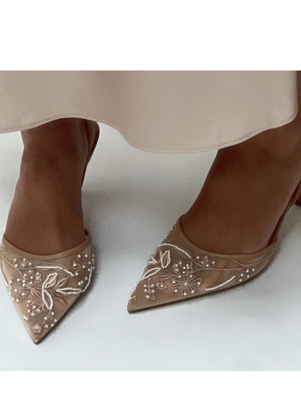 Zara Embellished Pointed-Toe Mules in Beige